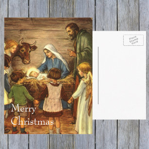 Kerstmis in vintage stijl, religieuze geboorte met feestdagenkaart