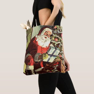 Kerstmis in vintage stijl, retro Kerstman met cade Draagtas