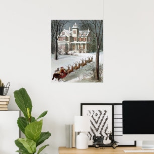 Kerstmis in vintage stijl, Sinterklaas met rendier Poster