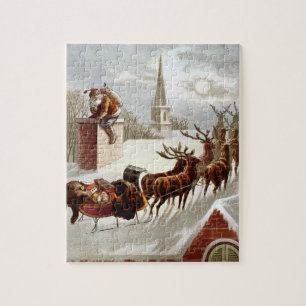 Kerstmis in vintage stijl, Sinterklaas op het dak Legpuzzel
