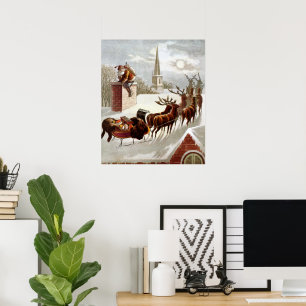 Kerstmis in vintage stijl, Sinterklaas op het dak Poster