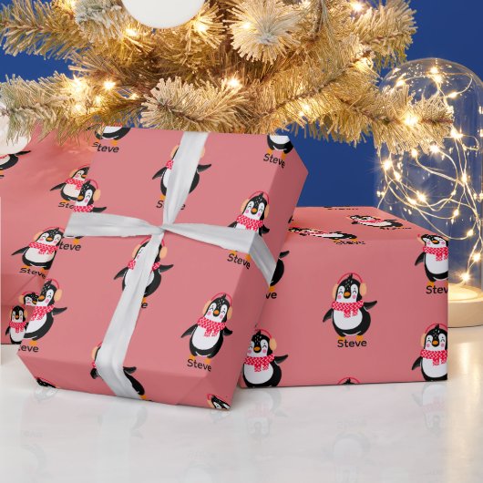 Kerstmis Jolly Pinguïn in Sjaal met Oorkappen Cadeaupapier (Feestdagen)
