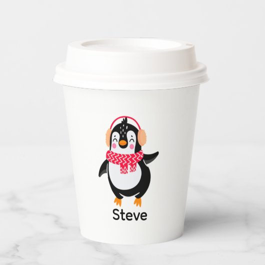 Kerstmis Jolly Pinguïn in Sjaal met Oorkappen Papieren Bekers (Voorkant)