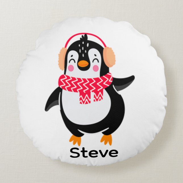 Kerstmis Jolly Pinguïn in Sjaal met Oorkappen Rond Kussen (Voorkant)