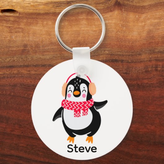 Kerstmis Jolly Pinguïn in Sjaal met Oorkappen Sleutelhanger (Achterkant)