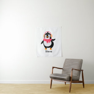 Kerstmis Jolly Pinguïn in Sjaal met Oorkappen Wandkleed