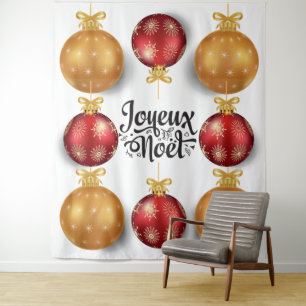 Kerstmis Joyeux Noel Franse rode gouden kerstbal v Wandkleed