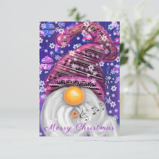Kerstmis Kaart met Gelukkige Gnome In Paarse Pet (Staand voorkant)