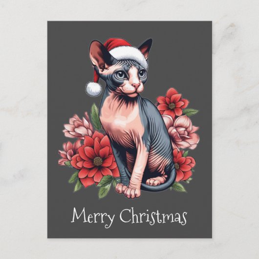 Kerstmis Kaart | Sphynx kat met een kerstmuts (Voorkant)