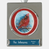Kerstmis Kardinaal met Naam & Datum Verzilverd Banner Ornament (Voorkant)