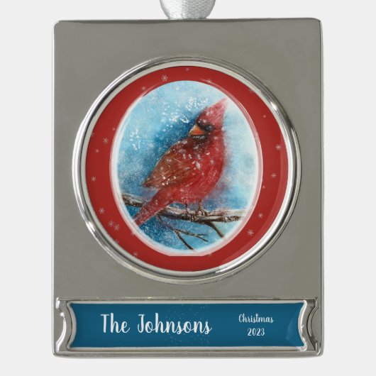 Kerstmis Kardinaal met Naam & Datum Verzilverd Banner Ornament (Voorkant)