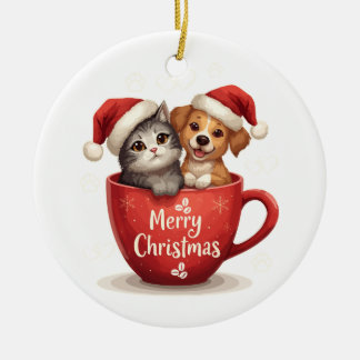 Kerstmis Kat en Hond in Mok, Cute Huisdier Keramisch Ornament