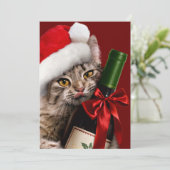 Kerstmis kat Met Wijnfles Kaart (Staand voorkant)