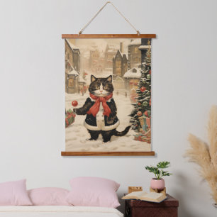 Kerstmis Kat, Sneeuwdag Hangend Wandkleed
