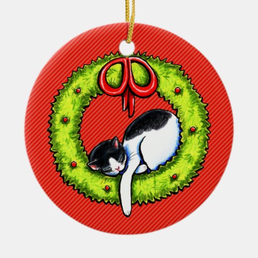 Kerstmis Kat Wreath Keramisch Ornament (Voorkant)