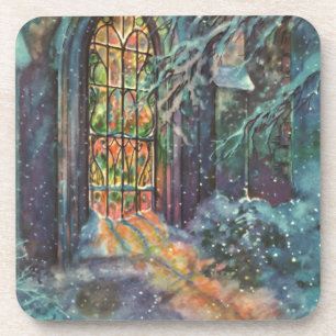 Kerstmis-kerk met glas-in-loodraam in vintage stij onderzetter