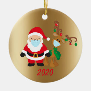 Kerstmis, kerstbal, kerstman en rendier, 2020 Gold Keramisch Ornament