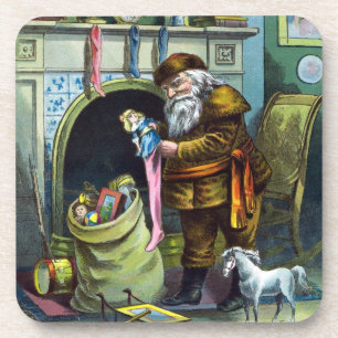 Kerstmis, kerstkerstmannetjes met speelgoed bier onderzetter