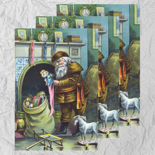 Kerstmis, kerstkerstmannetjes met speelgoed inpakpapier vel