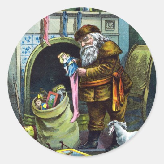 Kerstmis, kerstkerstmannetjes met speelgoed ronde sticker (Voorkant)