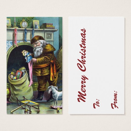 Kerstmis, kerstkerstmannetjes met speelgoed visitekaartje (Voorkant /achterkant)