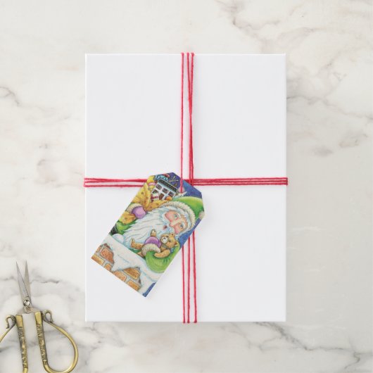 Kerstmis, kerstman in Chimney met speelgoed Cadeaulabel (Met Touw)