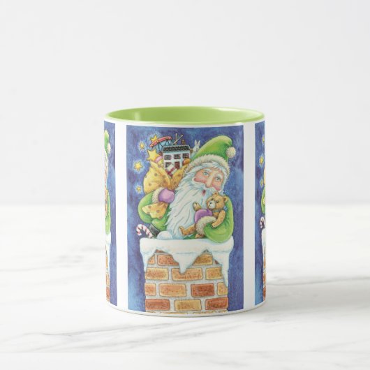 Kerstmis, kerstman in Chimney met speelgoed Mok (Midden)