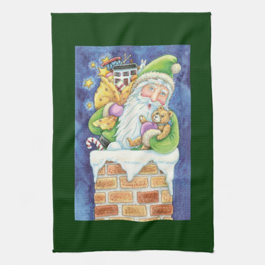 Kerstmis, kerstman in Chimney met speelgoed Theedoek (Verticaal)