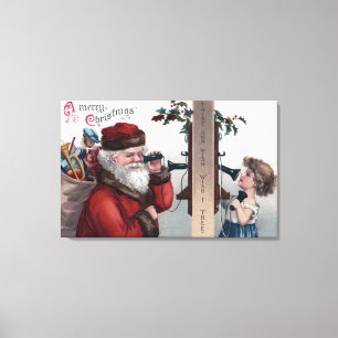 Kerstmis, Kerstman, Kerstman en telefoon Canvas Afdruk