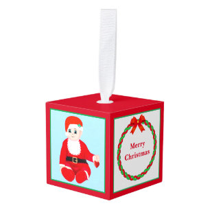 Kerstmis Kerstmannetje baby op lichtblauw Kubus Ornament