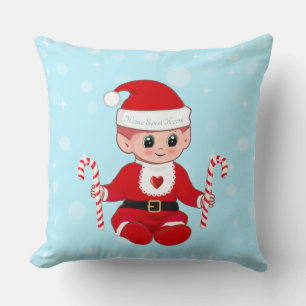 Kerstmis Kerstmannetje & Kerststokken op Lichtblau Kussen