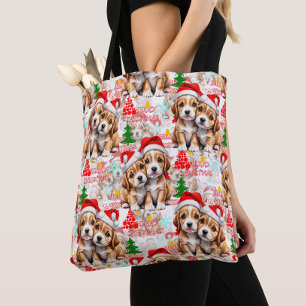 Kerstmis Kerstmuts Hond Puppy Ontwerp - Wit Draagtas