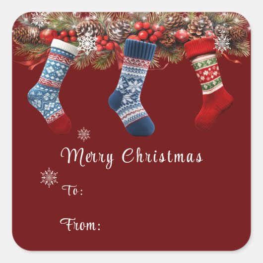 Kerstmis Kousen Dennenkegel Guirlande Vierkante Sticker (Voorkant)