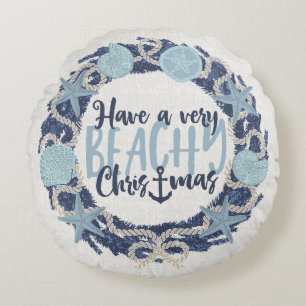 Kerstmis Kust Tropische Zee Schelp Krans -Blauw Rond Kussen