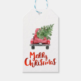 Kerstmis Label, Rode Vrachtwagen, Landhuis, Rustie Cadeaulabel
