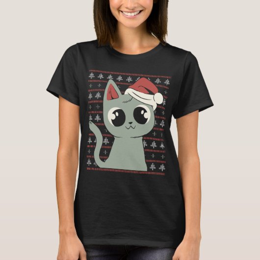 Kerstmis Lelijke trui Grappige Kerstmis Kat T-shirt (Voorkant)