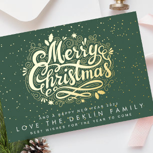 Kerstmis Lettering Goud Spikkel Groene Blad Folie Feestdagenkaart