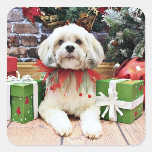 Kerstmis - Lhasa Apso - Muffie Vierkante Sticker (Voorkant)