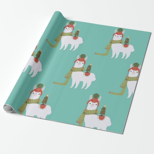 Kerstmis Llama Blauwgroen Cadeaupapier (Uitgerold)
