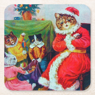 kerstmis, Louis Wain Vierkante Kartonnen Onderzetter