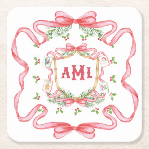 Kerstmis Mahjong Monogram Vierkante Kartonnen Onderzetter