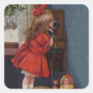 Kerstmis Meisje Telefoon Antiek Vierkante Sticker
