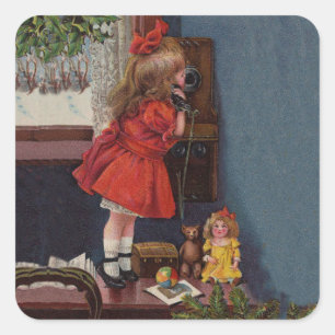 Kerstmis Meisje Telefoon Antiek Vierkante Sticker