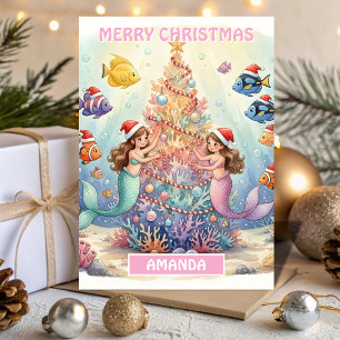 Kerstmis Mermaid Koraal Feest voor Kinderen Feestdagen Kaart