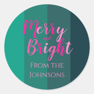 Kerstmis Merry and Bright Familie Naam Groen Roze Ronde Sticker