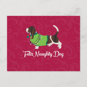 Kerstmis met Bassett Hound Feliz Naughty Dog Feestdagenkaart