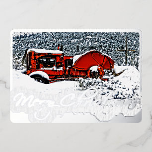 Kerstmis met besneeuwde tractor folie feestdagenkaart