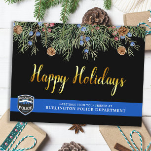 Kerstmis met blauwe lijn door politie feestdagenkaart