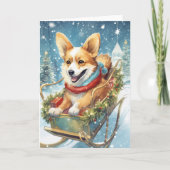 Kerstmis met Corgi – Rijden op een slee vol cadeau Kaart (Voorkant)