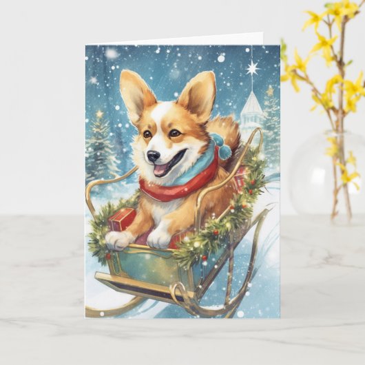 Kerstmis met Corgi – Rijden op een slee vol cadeau Kaart (Gele Bloem)